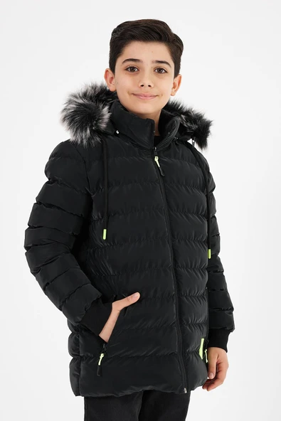 Siyah Erkek Çocuk Çıkartılabilir Kapüşonlu Şişme Deri Karışımlı Kumaş Mont&Kaban - Resim 3