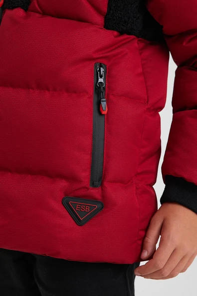 Kırmızı Peluş Detaylı İçi Kürklü Kalın Şişme Erkek Çocuk Mont&Kaban - Resim 5