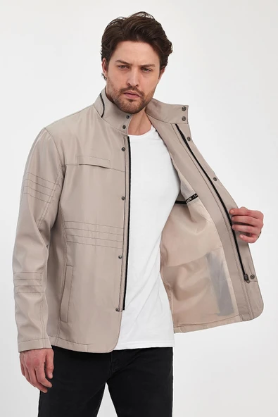 Erkek Açık Krem Regular Uzun Mevsimlik Pamuk Polyester Karışımlı Safari Mont&Ceket - Resim 3