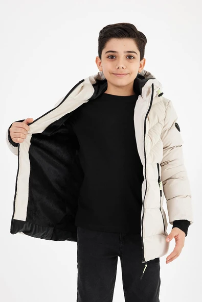 Krem Erkek Çocuk Sabit Kapüşonlu Şişme Deri Karışımlı Kumaş Mont&Kaban - 3