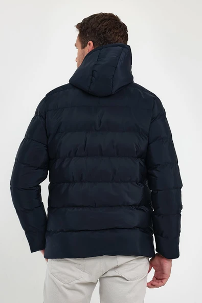 Erkek Lacivert Standart Fit Normal Kesim İçi Kürklü Sabit Kapüşon Dik Yaka Mont - 6