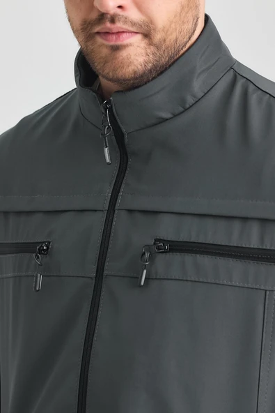 Antrasit Erkek Pamuk Polyester Karışımlı Çift Göğüs Fermuarlı Su Ve Rüzgar Geçirmez Mevsimlik&Yazlık Mont - Resim 3