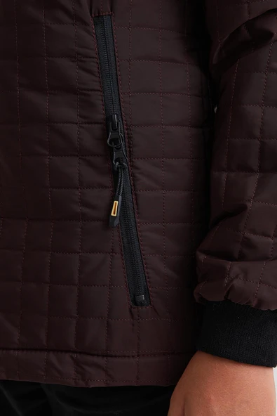 Bordo Erkek Çocuk Su Ve Rüzgar Geçirmez Çıkartılabilir Kapüşonlu Kapitone Mont&Kaban - Resim 5