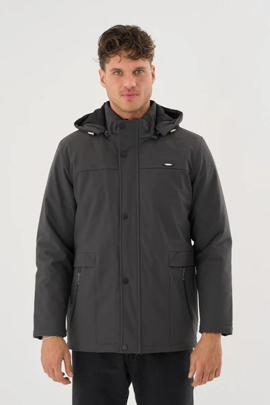 Erkek Gri %100 Su Ve Rüzgar Geçirmez Kürklü Çıkartılabilir Kapüşonlu Mont&Kaban ürün görseli 1