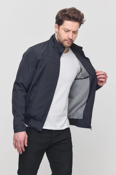 Erkek Lacivert Mevsimlik Triko Detaylı Fermuarlı İç Cepli Mont&Ceket - Resim 3