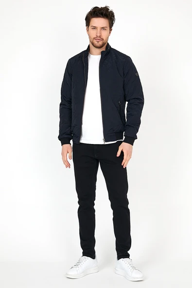 YENİ SEZON ERKEK LACİVERT MEVSİMLİK TRİKO VE DERİ BİYE DETAYLI FERMUARLI İÇ CEPLİ MONT&CEKET - Resim 3