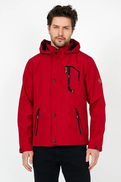 YENİ SEZON ERKEK KIRMIZI SOFTSHELL KAPÜŞONLU İÇ CEPLİ SU VE RÜZGAR GEÇİRMEZ MEVSİMLİK&YAZLIK MONT - 1