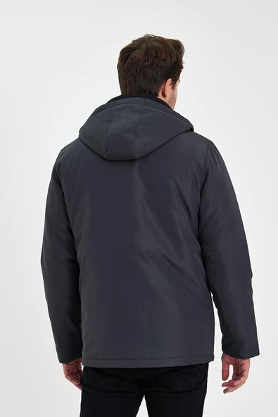 Gri İçi Kalın Kürklü Çıkartılabilir Kapüşonlu Fermuar Çepli Rüzgar Ve Su Geçirmez Mont&Kaban - Resim 6