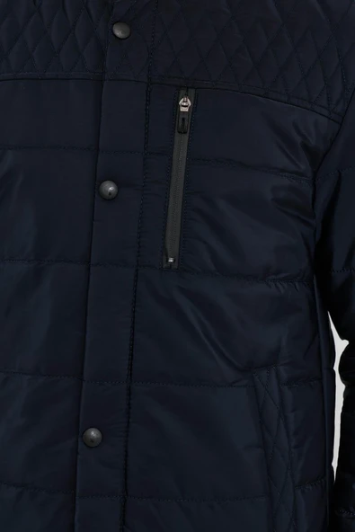 Erkek Lacivert Standart Fit Normal Kesim İçi Kürklü Dik Yaka Çıtçıt Detaylı Fermuarlı Kışlık Mont - 6