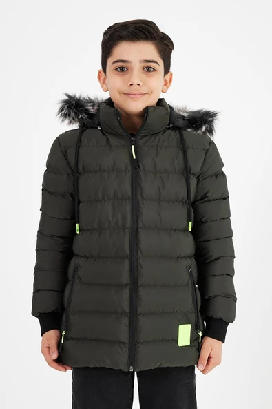 Yeşil Erkek Çocuk Çıkartılabilir Kapüşonlu Şişme Deri Karışımlı Kumaş Mont&Kaban ürün görseli 1