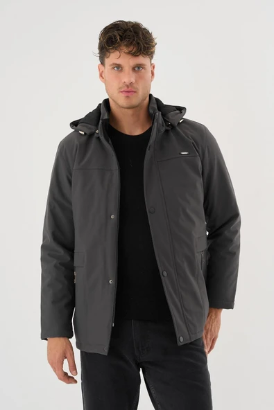 Erkek Gri %100 Su Ve Rüzgar Geçirmez Kürklü Çıkartılabilir Kapüşonlu Mont&Kaban - Resim 2