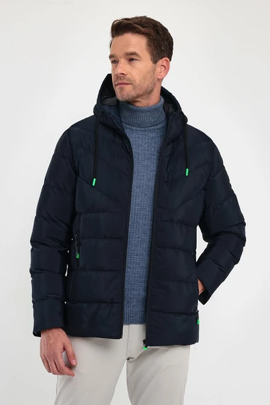 Erkek Lacivert Standart Fit Normal Kesim İçi Kürklü Sabit Kapüşon Dik Yaka Mont - 4
