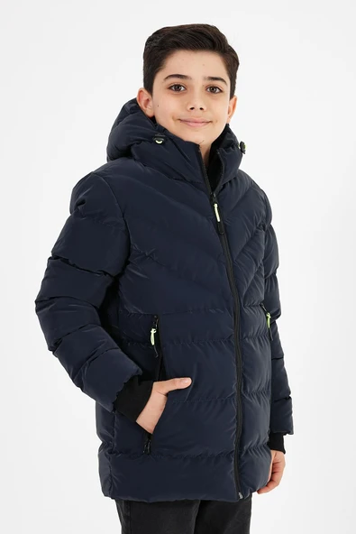 Lacivert Erkek Çocuk Sabit Kapüşonlu Şişme Deri Karışımlı Kumaş Mont&Kaban - Resim 2