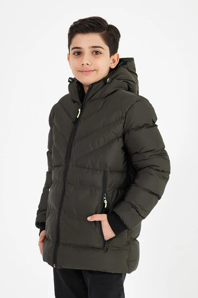 Yeşil Erkek Çocuk Sabit Kapüşonlu Şişme Deri Karışımlı Kumaş Mont&Kaban - Resim 2