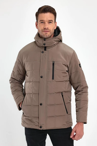 Erkek Krem Standart Fit Normal Kesim Çıkmalı Kapüşon Dik Yaka Mont ürün görseli 1