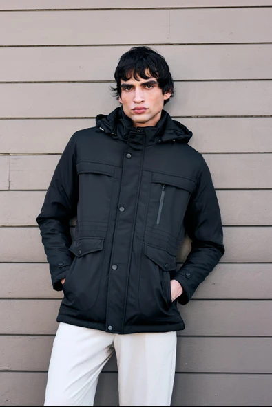 Erkek Siyah Pamuk Polyester Karışımlı Kürklü Çıkartılabilir Kapüşonlu Mont&Kaban ürün görseli 1