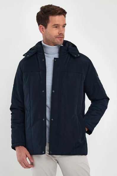 Erkek Lacivert Standart Fit Normal Kesim Çıkmalı Kapüşon Dik Yaka Mont ürün görseli 1