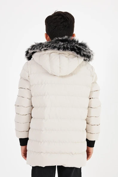 Krem Erkek Çocuk Çıkartılabilir Kapüşonlu Şişme Deri Karışımlı Kumaş Mont&Kaban - Resim 6
