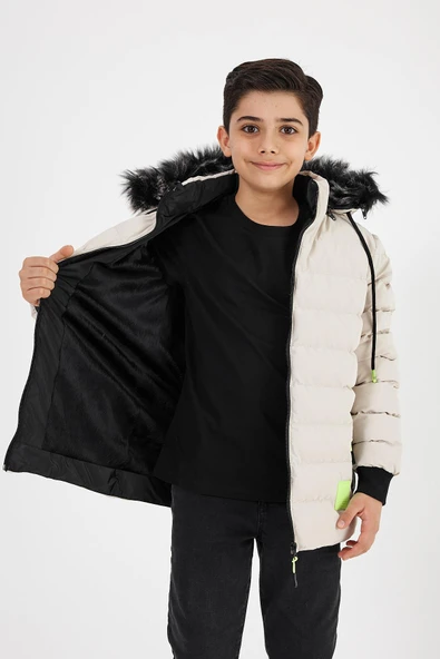 Krem Erkek Çocuk Çıkartılabilir Kapüşonlu Şişme Deri Karışımlı Kumaş Mont&Kaban - Resim 4