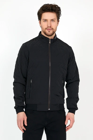 YENİ SEZON ERKEK SİYAH MEVSİMLİK TRİKO VE DERİ BİYE DETAYLI FERMUARLI İÇ CEPLİ MONT&CEKET ürün görseli 1