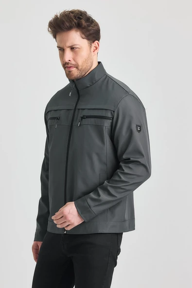 Antrasit Erkek Pamuk Polyester Karışımlı Çift Göğüs Fermuarlı Su Ve Rüzgar Geçirmez Mevsimlik&Yazlık Mont - Resim 4