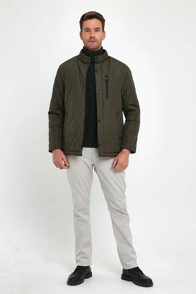 Erkek Yeşil Standart Fit Normal Kesim İçi Kürklü Dik Yaka Çıtçıtlı Dolgulu Desenli Overcoat - Resim 5