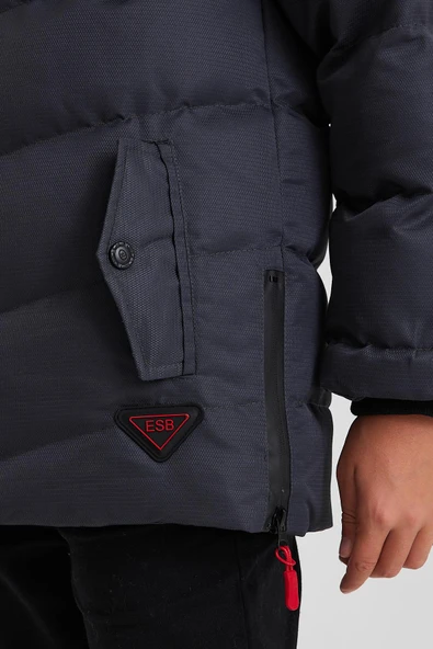 Gri Çıkartılabilir Kapüşonlu İçi Kürklü Kalın Şişme Erkek Çocuk Mont&Kaban - Resim 4