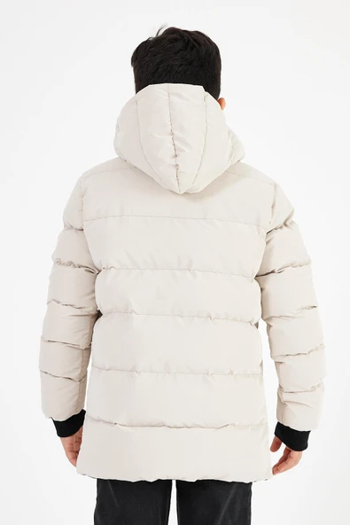 Krem Erkek Çocuk Sabit Kapüşonlu Şişme Deri Karışımlı Kumaş Mont&Kaban - 6