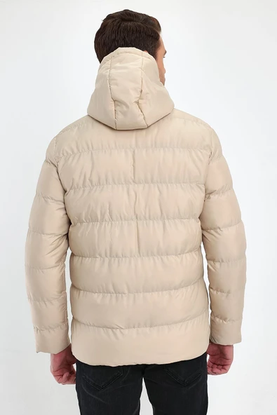 Erkek Krem Standart Fit Normal Kesim İçi Kürklü Sabit Kapüşon Dik Yaka Mont - Resim 6