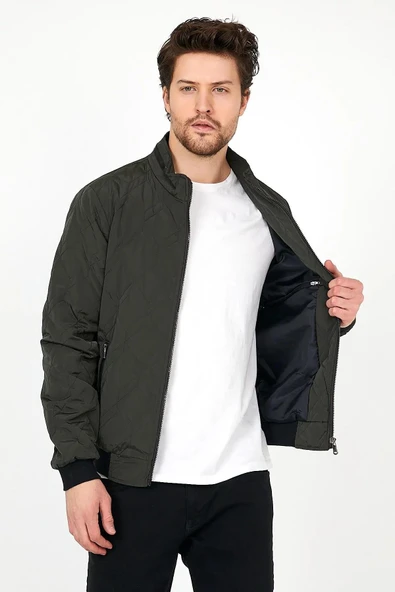 Yeni Sezon Erkek Yeşil Mevsimlik Triko Ve Deri Biye Detaylı Fermuarlı İç Cepli Mont&Ceket - Resim 2