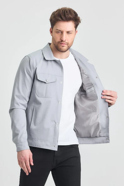 Gri Erkek Pamuk Polyester Karışımlı Su Ve Rüzgar Geçirmez Mevsimlik&Yazlık Mont - Resim 3