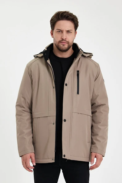 Bej İçi Kalın Kürklü Çıkartılabilir Kapüşonlu Rüzgar Ve Su Geçirmez Mont&Kaban - Resim 3