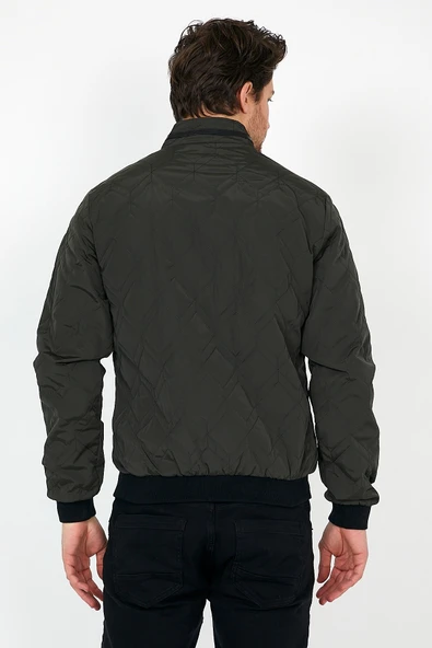 YENİ SEZON ERKEK YEŞİL MEVSİMLİK TRİKO VE DERİ BİYE DETAYLI FERMUARLI İÇ CEPLİ MONT&CEKET - Resim 6