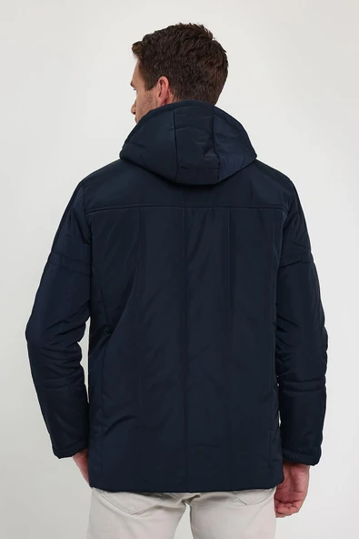 Erkek Lacivert Standart Fit Normal Kesim Çıkmalı Kapüşon Dik Yaka Mont - Resim 6