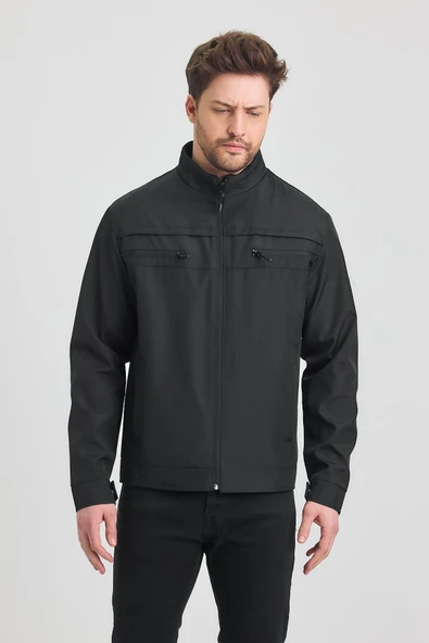 Siyah Erkek Pamuk Polyester Karışımlı Çift Göğüs Fermuarlı Su Ve Rüzgar Geçirmez Mevsimlik&Yazlık Mont ürün görseli 1