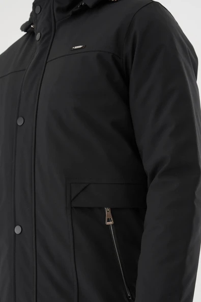 Erkek Siyah %100 Su Ve Rüzgar Geçirmez Kürklü Çıkartılabilir Kapüşonlu Mont&Kaban - Resim 4