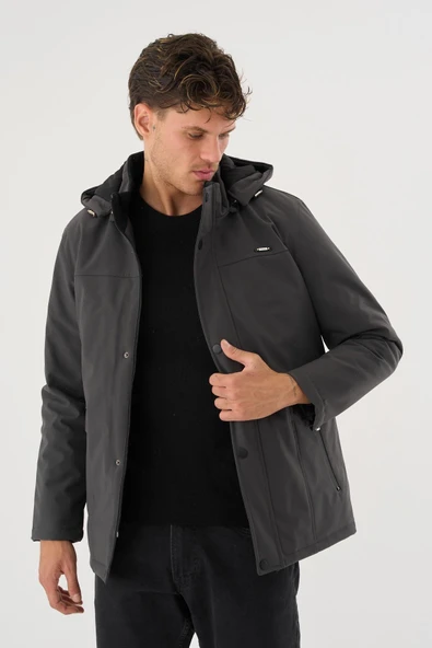 Erkek Gri %100 Su Ve Rüzgar Geçirmez Kürklü Çıkartılabilir Kapüşonlu Mont&Kaban - Resim 3