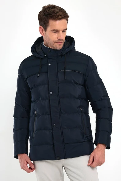 Erkek Lacivert Standart Fit Normal Kesim İçi Kürklü Çıkmalı Kapüşon Dik Yaka Mont - Resim 5