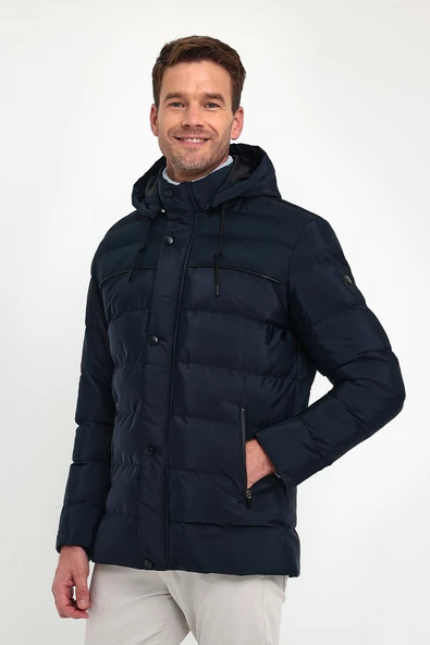 Erkek Lacivert Standart Fit Normal Kesim İçi Kürklü Çıkmalı Kapüşon Dik Yaka Mont - Resim 3