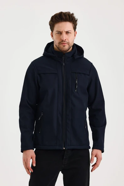 Lacivert Erkek %100 Su Geçirmez İçi Polarlı İç Çepli Çıkartılabilir Kapüşonlu Softshell Mont&Kaban ürün görseli 1