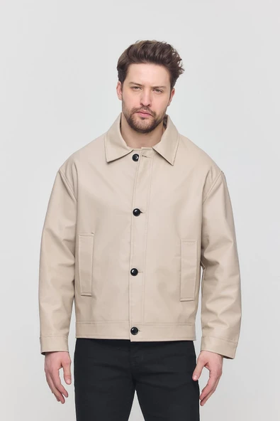 Krem Erkek Basic Suni Deri Yazlık Ceket&Mont - 5