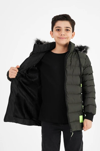 Yeşil Erkek Çocuk Çıkartılabilir Kapüşonlu Şişme Deri Karışımlı Kumaş Mont&Kaban - Resim 4