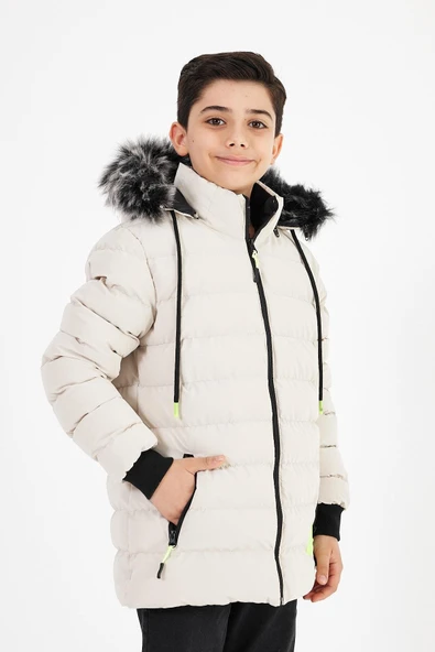 Krem Erkek Çocuk Çıkartılabilir Kapüşonlu Şişme Deri Karışımlı Kumaş Mont&Kaban - Resim 2