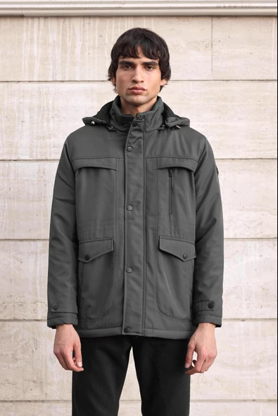 Erkek Gri Pamuk Polyester Karışımlı Kürklü Çıkartılabilir Kapüşonlu Mont&Kaban ürün görseli 1