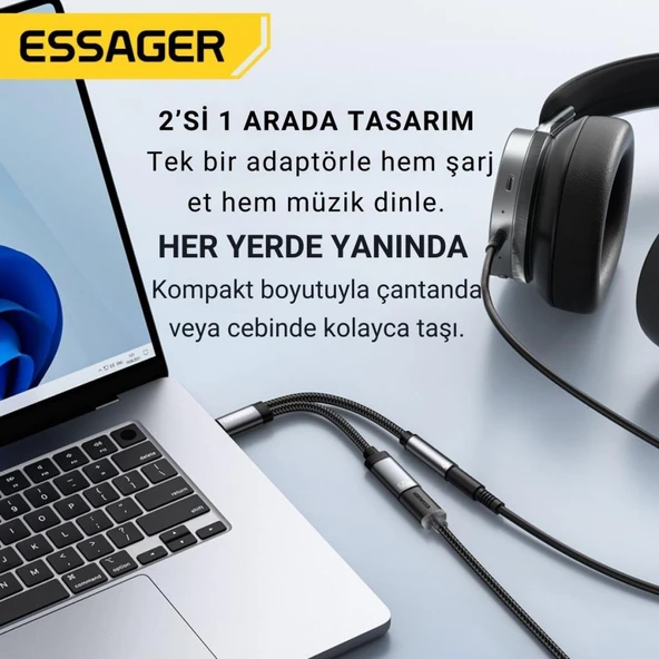 Essager 60W Şarj 2in1 Type-C to Type-C Dönüştürücü Çevirici Çoklayıcı Hızlı Şarj Type-C Kulaklık Çıkışı, Hifi Ses ve Hızlı Şarj Adaptörü - 3