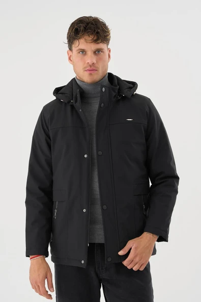Erkek Siyah %100 Su Ve Rüzgar Geçirmez Kürklü Çıkartılabilir Kapüşonlu Mont&Kaban ürün görseli 1