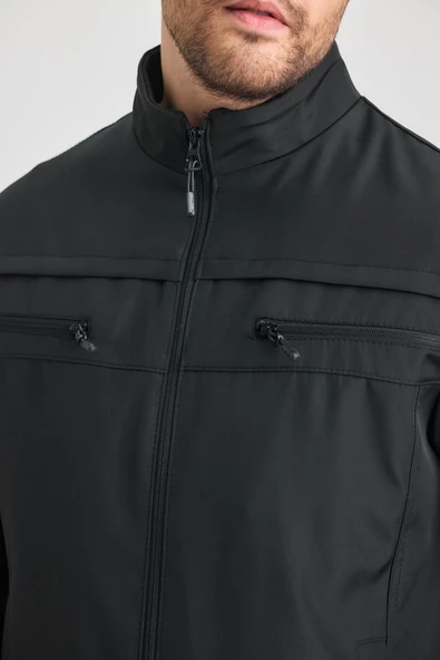 Siyah Erkek Pamuk Polyester Karışımlı Çift Göğüs Fermuarlı Su Ve Rüzgar Geçirmez Mevsimlik&Yazlık Mont - Resim 4