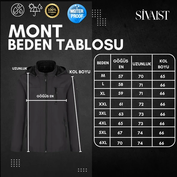 Erkek Siyah %100 Su Geçirmez İç Cepli Çıkartılabilir Kapüşonlu Yazlık Mont - Resim 4