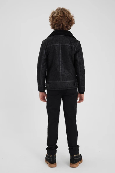 Erkek Çocuk Siyah Napa Deri İçi Kürklü Mont&Ceket - Resim 6