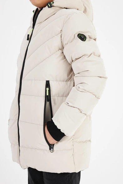 Krem Erkek Çocuk Sabit Kapüşonlu Şişme Deri Karışımlı Kumaş Mont&Kaban - 5